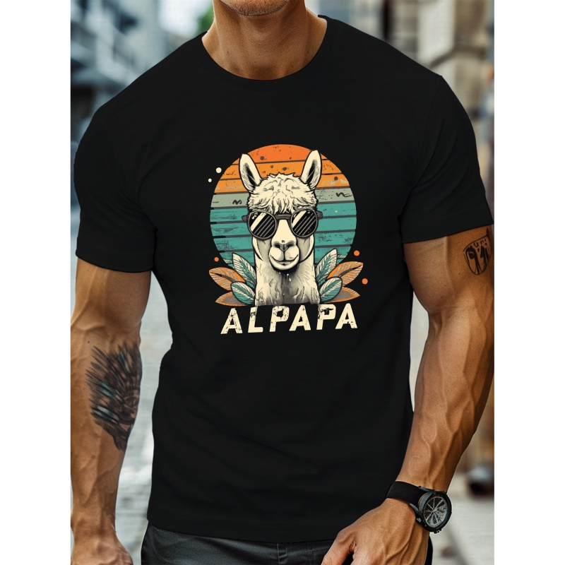 

Retro Alpaca Graphic Print Crew Neck Short Sleeve T-shirt For Men, Casual Summer T-shirt For Daily Wear And Vacation Resorts