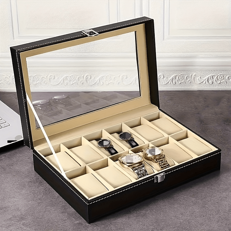 

10/12 Slot Watch Jewelry Storage Box, Transparent Top, Pu Leather Case, Perfect Gift Choice, Elegant Timepiece Display And Organizer Stand - No Power Required