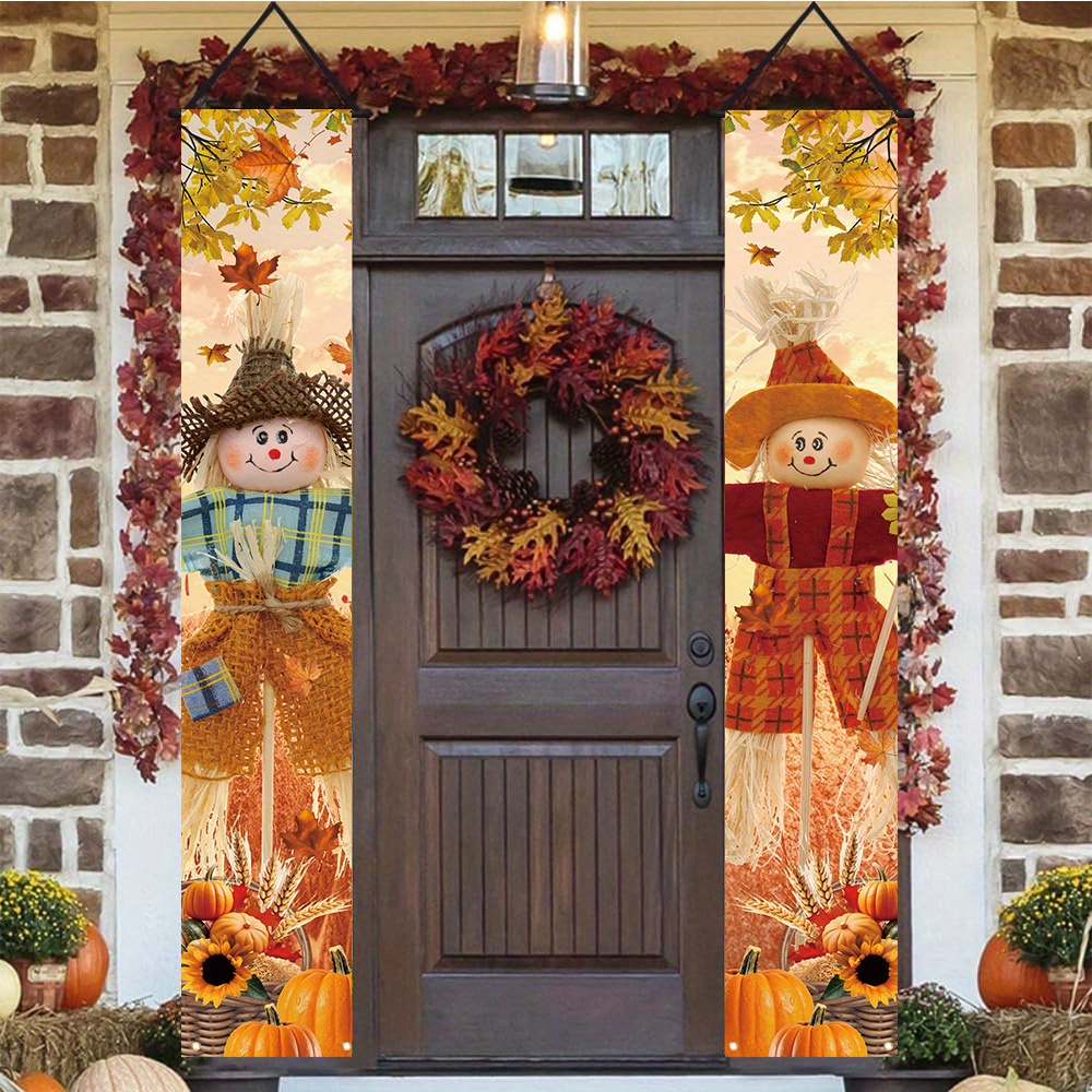 

1pair, Welcome Fall Porch Signs, Polyester, Vintage Pumpkin Pattern Front Door Decoration Hanging Banner, Seasonal Farmhouse Harvest Thanksgiving Decoration Home Wall Outdoor Decor