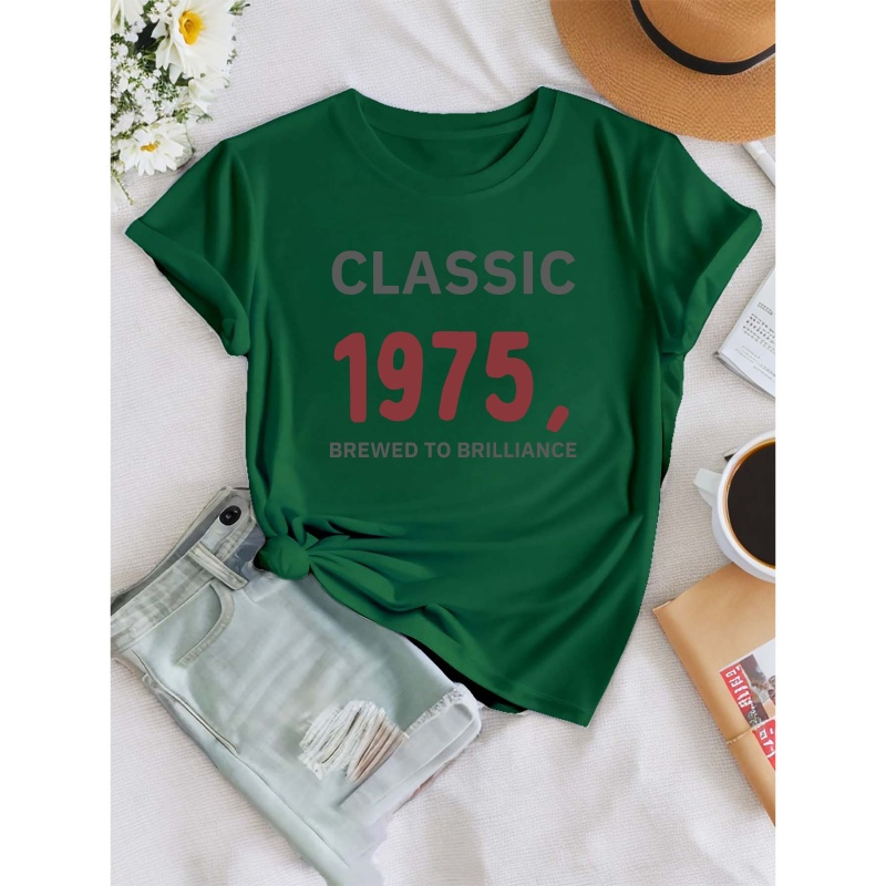 

Classic 1975 Print T-shirt, Short Sleeve Crew Neck Casual Top For Summer & Spring, Women's Clothing