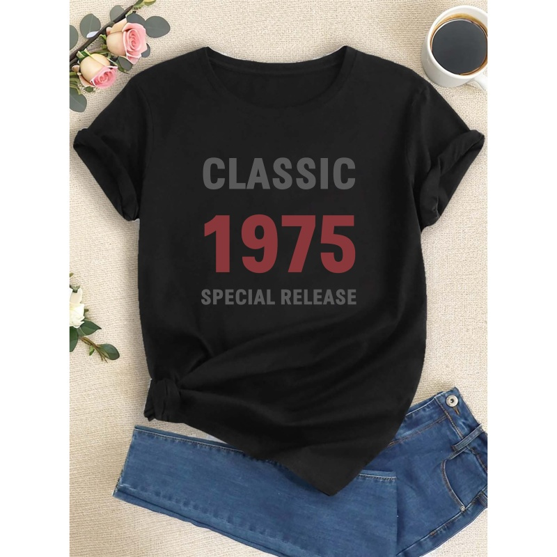 

Classic 1975 Special Release Print T-shirt, Short Sleeve Crew Neck Casual Top For Summer & Spring, Women's Clothing