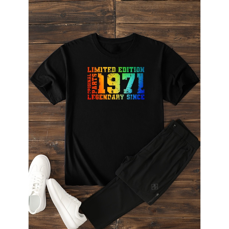 

Creative 1971 Limited Edition Letter With Rainbow Color Letter Style Print, Men's Round Neck Short Sleeve T-shirt, Casual Comfy Lightweight Top For Summer