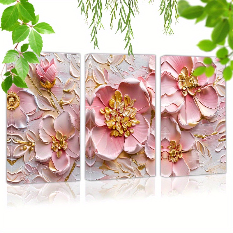 

Framed Set Of 3 Canvas Wall Art Ready To Hang 3d Pink Flowers, Gold Accents (5) Wall Art Prints Poster Wall Picrtures Decor For Home