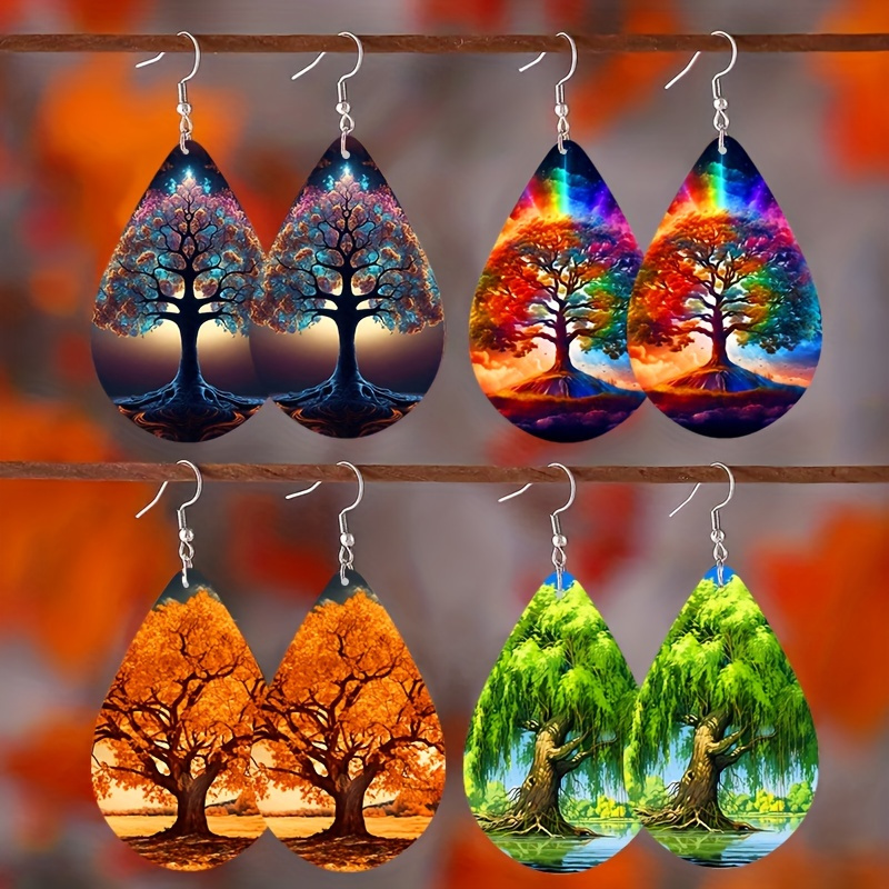 

4pairs Fashion And Retro Bohemian Wooden Tree Pendant Earrings, Versatile And Easy-to-wear, Combine Well With Any Outfit