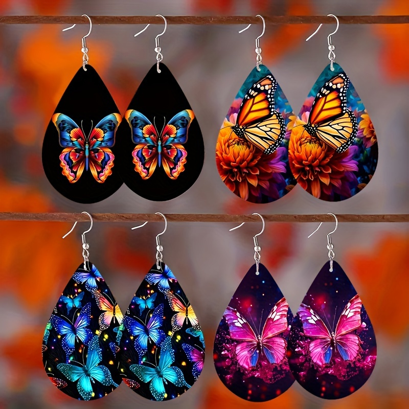

4pairs Colorful Butterflies Pattern Waterdrop Shape Wooden Earrings, Butterfly Print Cute Animals Dangle Jewelry For Girls