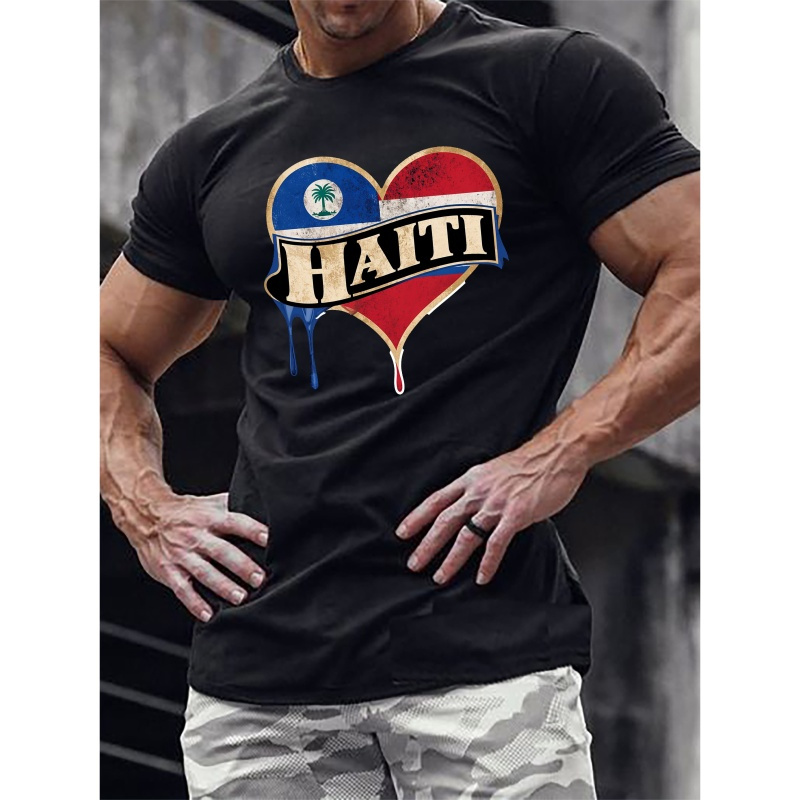 

Vintage Haiti Heart Print Tee Shirt, Tees For Men, Casual Short Sleeve T-shirt For Summer