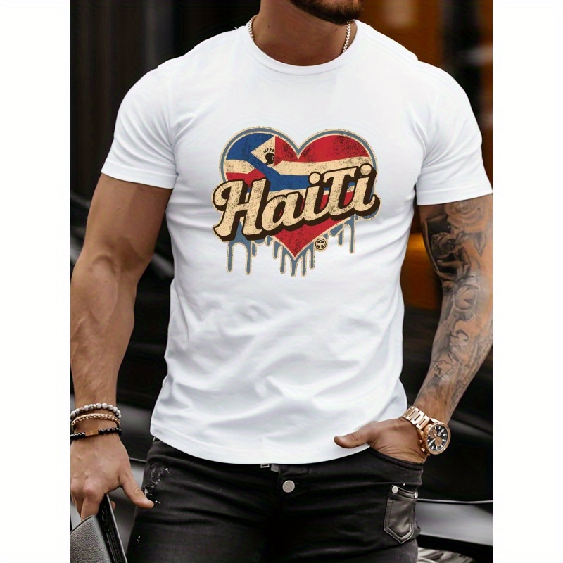 

Vintage Haiti Heart Print Tee Shirt, Tees For Men, Casual Short Sleeve T-shirt For Summer