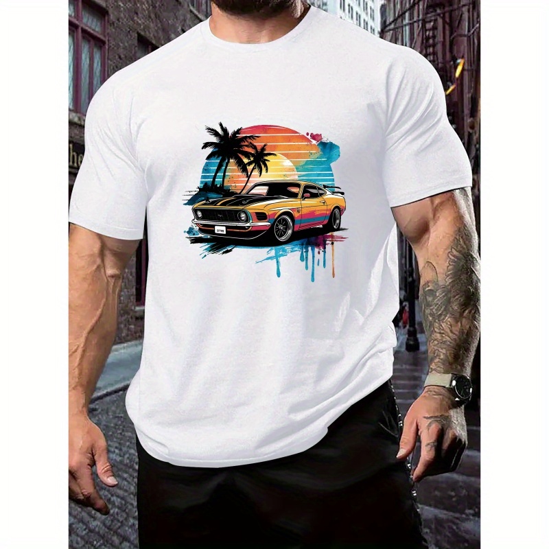 

Car Summer Vibe Print Tee Shirt, Tees For Men, Casual Short Sleeve T-shirt For Summer