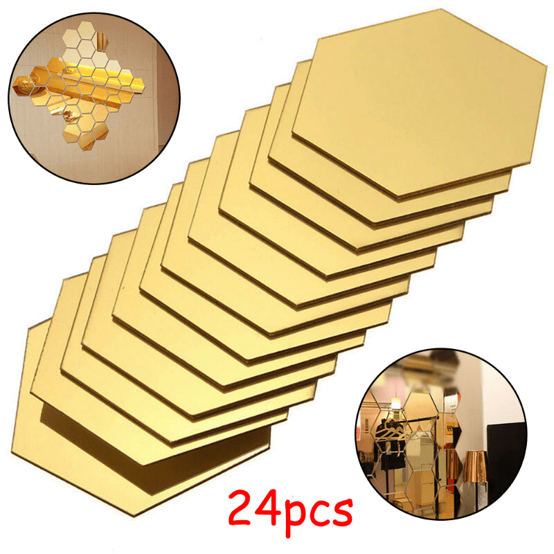 

24pcs Hexagon Mirror Sticker Gold Self Adhesive Mosaic Tiles Wall Sticker Decals Bedroom Living Room Bathroom Home Decor