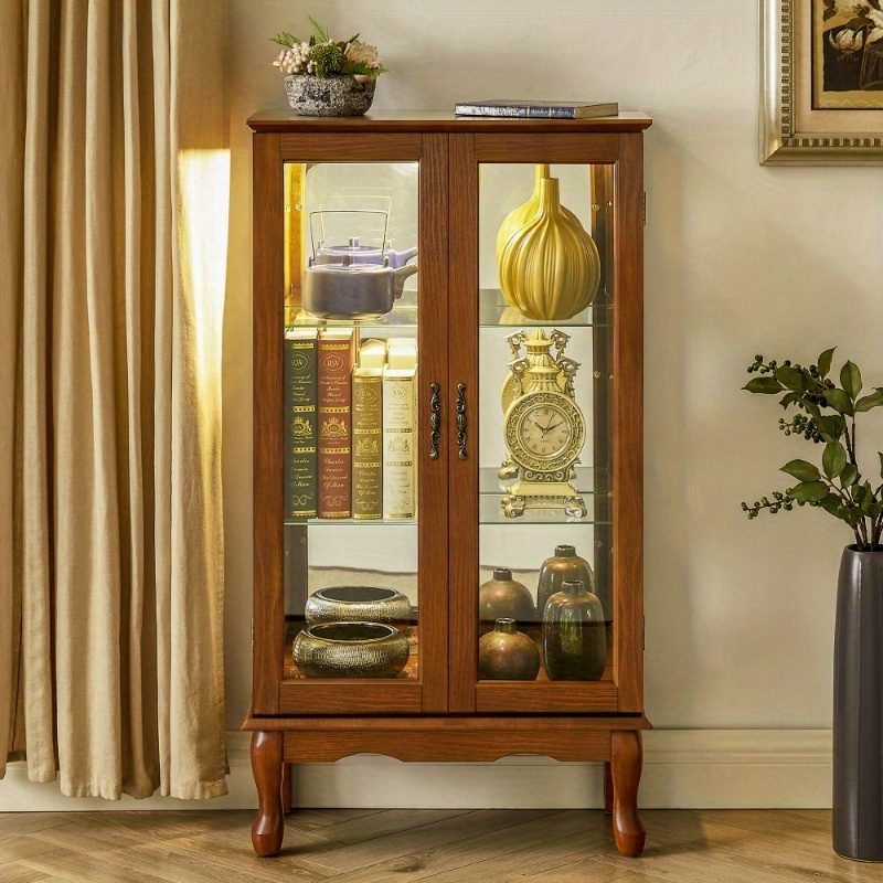 

Traditional Classic Wooden Display Cabinet With Lighting, Adjustable Shelves And Mirrored Back, Tempered Glass Doors, Decor Storage Display Cabinet