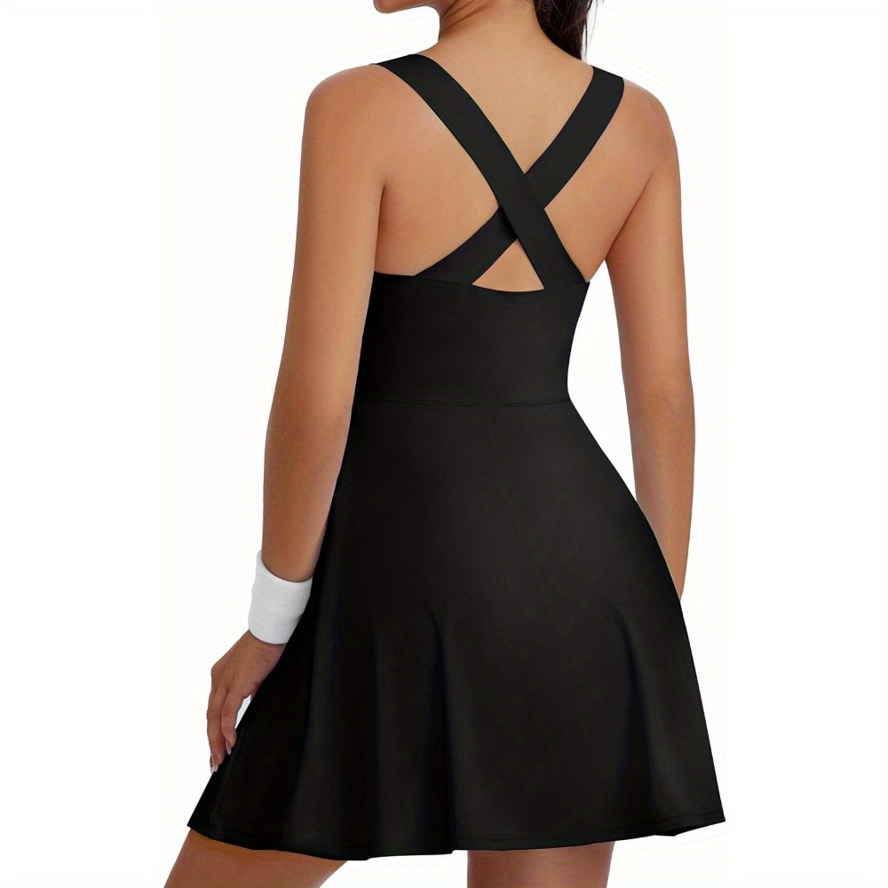 

Square Neck Tennis Mini Dress, Casual Backless Tank Dress With Built-in Shorts, Women's Clothing