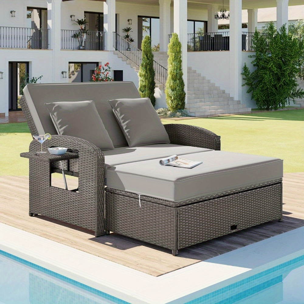 

Outdoor Furniture Set For 2, Patio Daybed With Protect, Pe Wicker Outdoor Loveseat With Footrest, Recliner Double Chaise Lounge With Cushions Pillows And Cup Tray 3 Level Adjustment