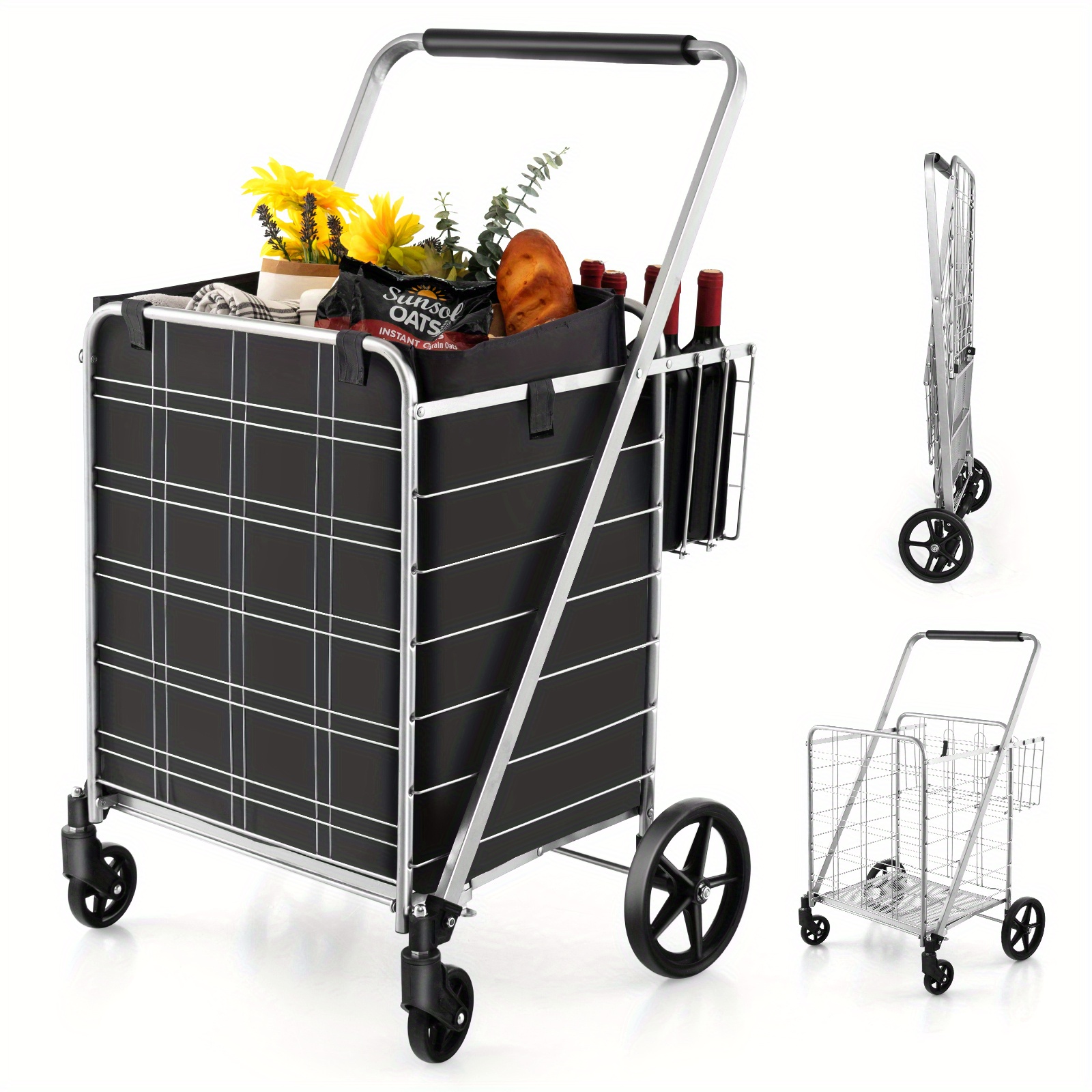 Folding Double Basket Grocery Cart Foldable Utility Shopping Cart