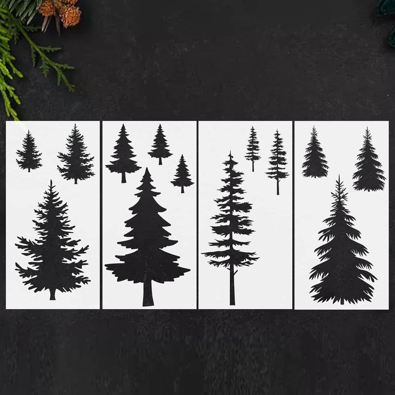 

4pcs Christmas Tree Stencils - Reusable Pine & Fir Designs For Woodland Painting, Canvas Art, And Home Decor Crafts