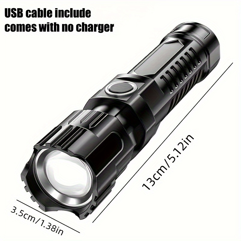 Super-Bright LED Rechargeable Flashlight, 3 Lighting Modes, High Low Strobe, 13.0 cm, USB Cable Included, Ideal for Outdoor Adventures
