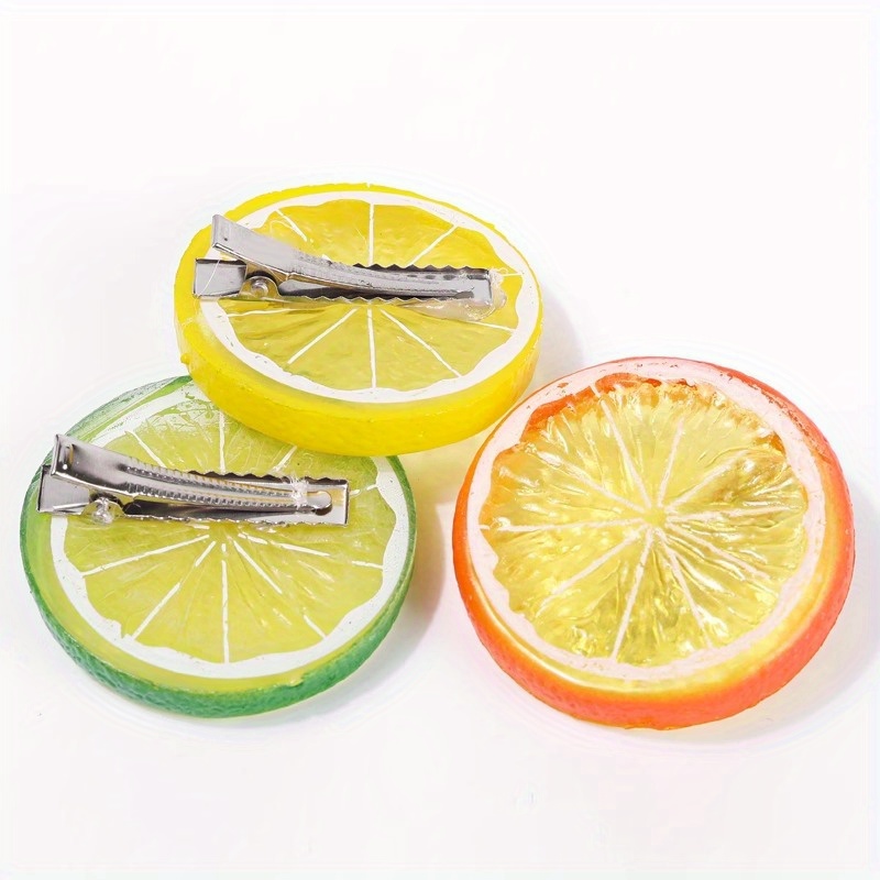 

3pcs Cute Fruit Slice Hair Clips, Plastic Cartoon Lemon Orange Slices With Flowers, Round Hair Accessories, Color Hairpin For Teens And Adults