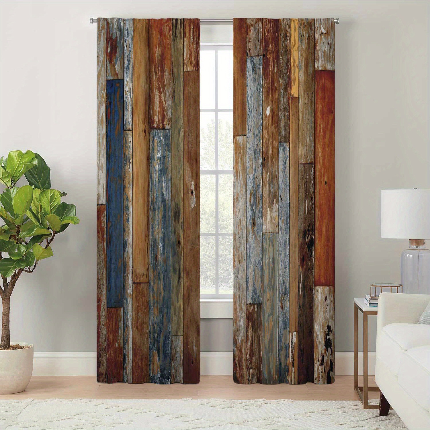 

-chic Vintage Wood Grain Print Curtains For Living Room & Bedroom - , Polyester With Tieback Design