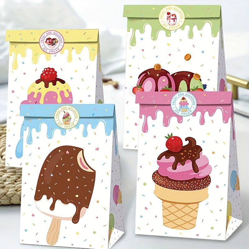 

14-piece Ice Cream Themed Party Favor Bags With 2 Stickers - Kraft Paper, Oil Resistant, Perfect For Birthdays & Celebrations