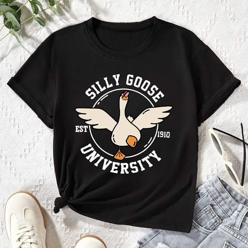 

Cartoon Goose Graphic Print Creative T-shirts, Soft & Elastic Comfy Crew Neck Short Sleeve Tee, Girls' Summer Tops
