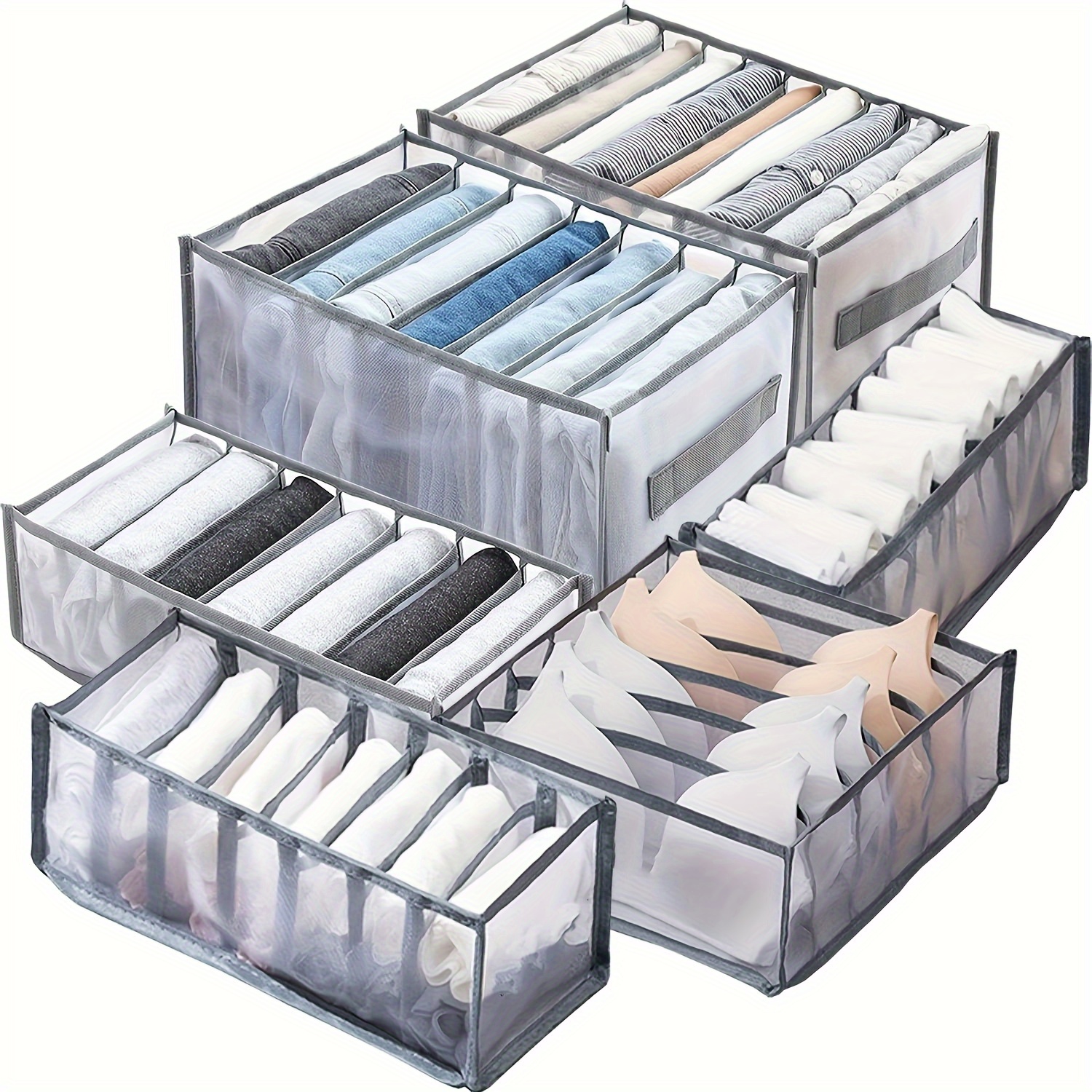 

6-piece Foldable Clothes Organizer Set With Handles - Durable, Mold-resistant Fabric Drawer Dividers For Jeans, Shirts, Underwear & Socks - Gray