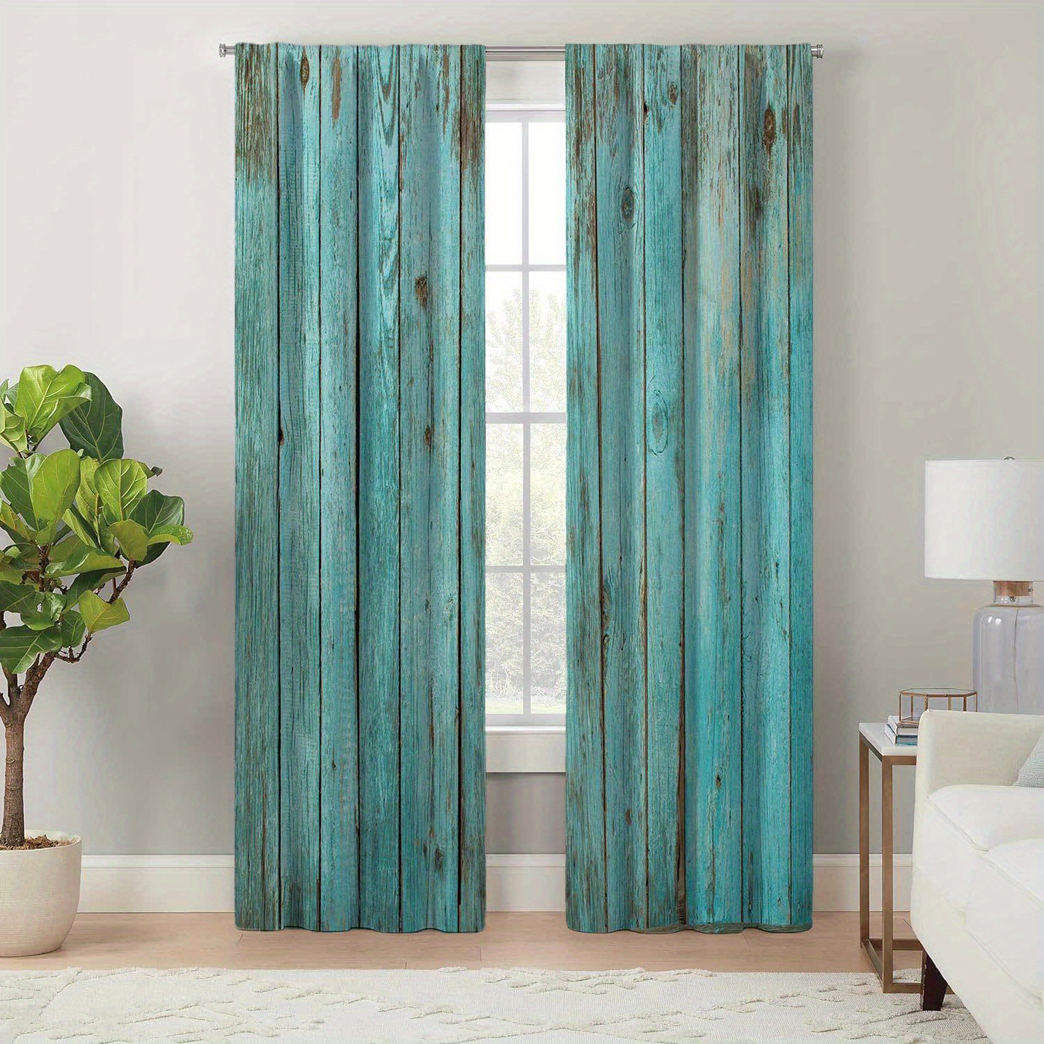 

-chic Vintage Wood Grain Print Curtains For Living Room & Bedroom - , Polyester With Tieback Design, Curtains For Bedroom