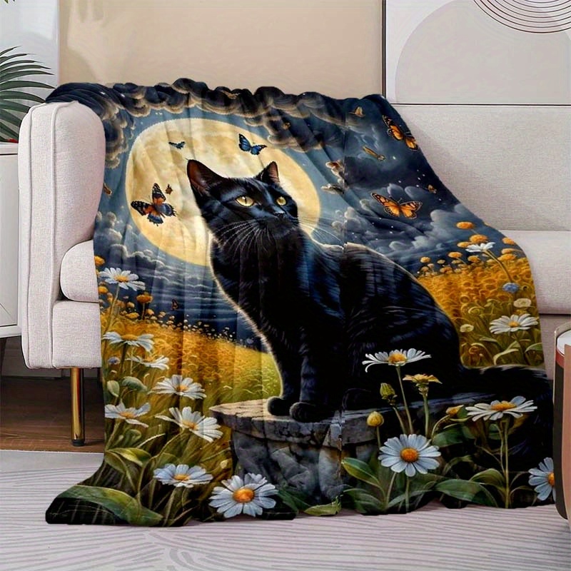 

Black Cat & Moon Fleece Blanket - 100% Polyester, Warm Multipurpose Travel & Sofa Throw - Cozy Bedding, Ideal For Camping & Office Use, Gift For All Seasons - Single-pack