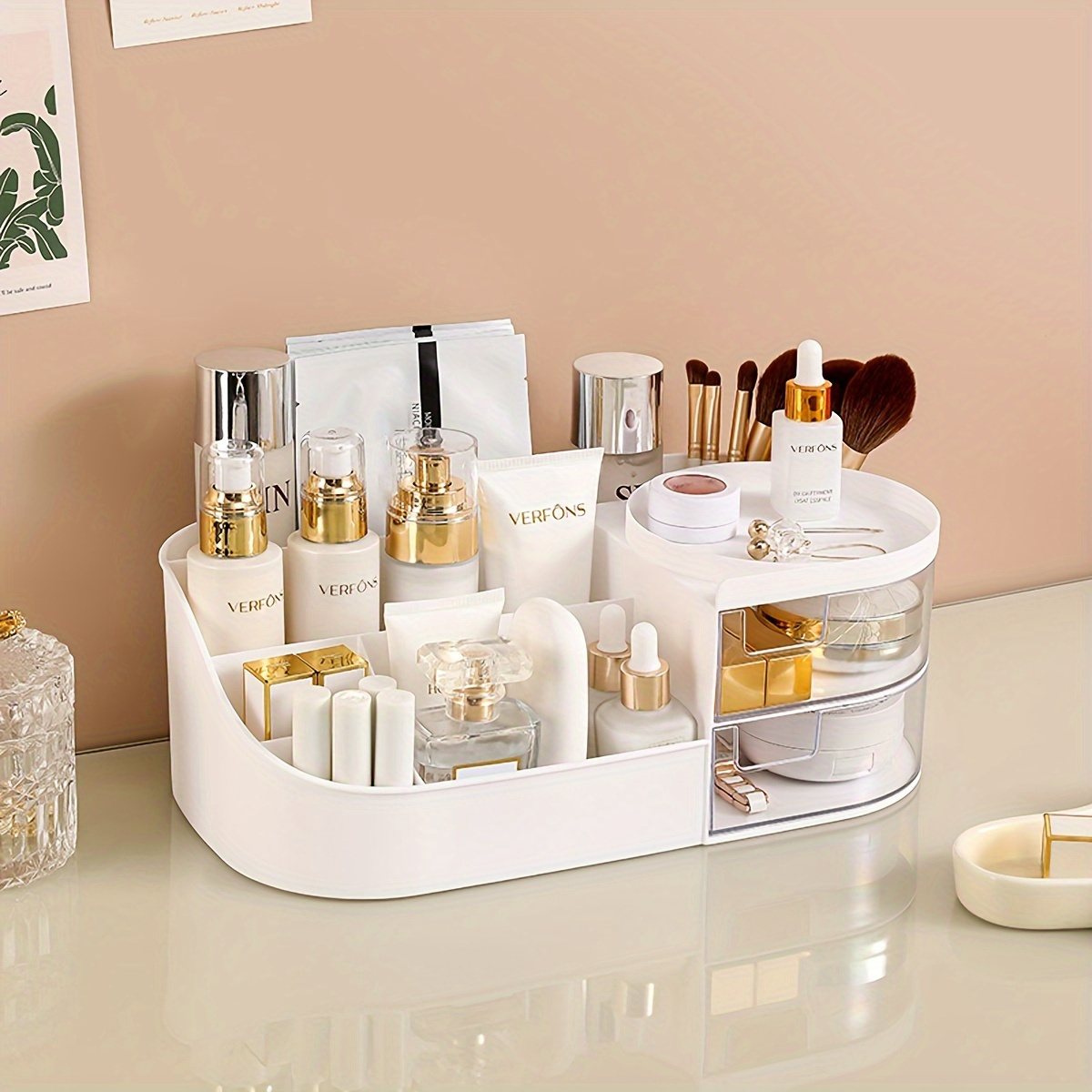 

Modern White Rotating Makeup Organizer With Mirror, Drawer & Lipstick Holder - Plastic Vanity Cosmetic Storage Box For Skincare And Accessories