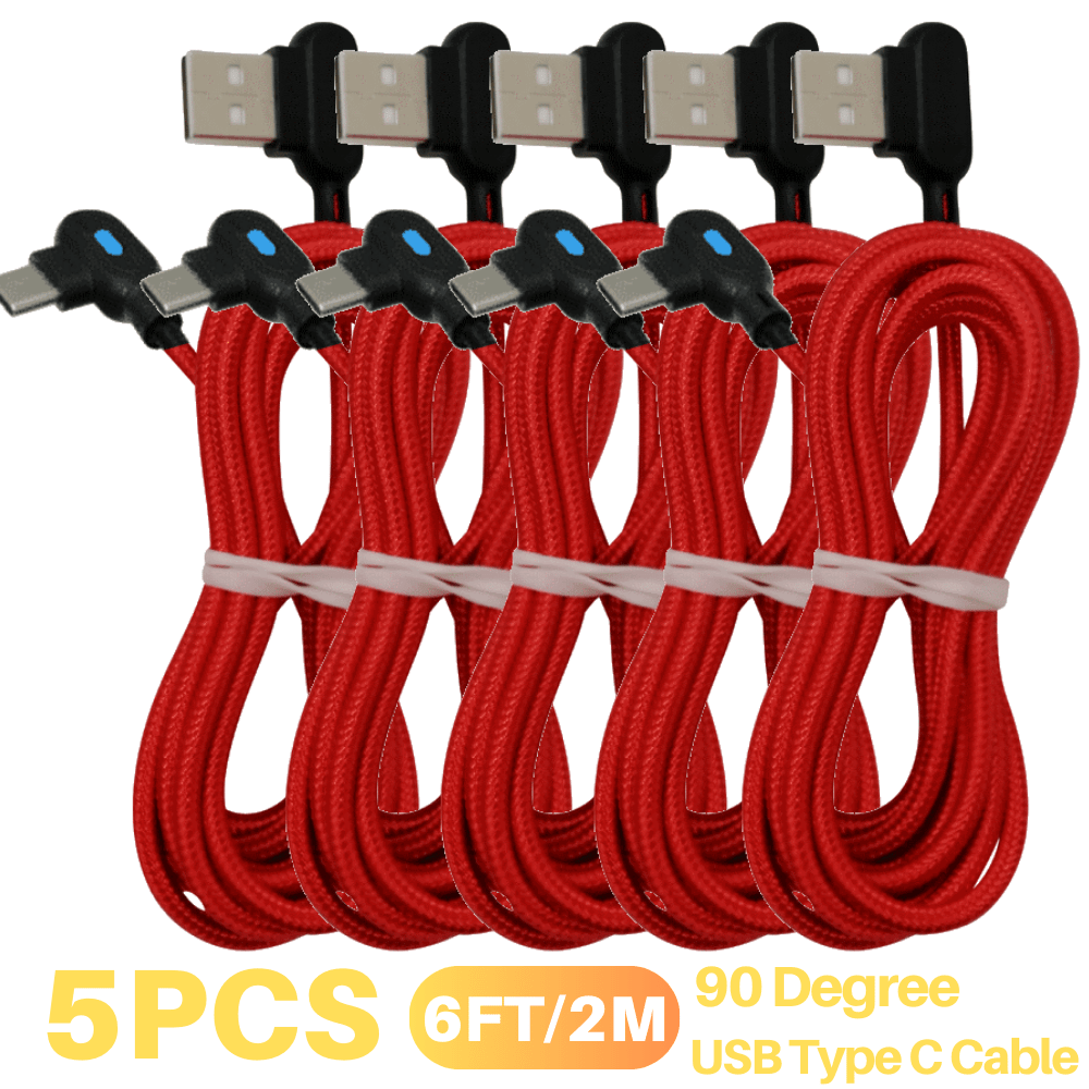 

5-pack 6ft 90 Degree Right Angle Usb C Fast Charger Cable Lot Typec