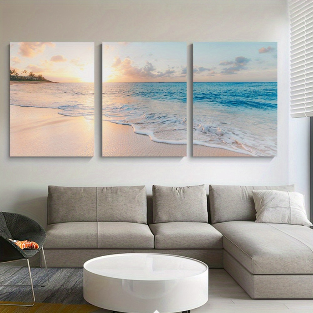

Framed 3 Piece Nordic Beautiful Sea Beach Landscape Canvas Poster Sunrise Sunset Waves Natural Scenery Wall Decor Modern Artwork For Bedroom Living Room Office Home Decor
