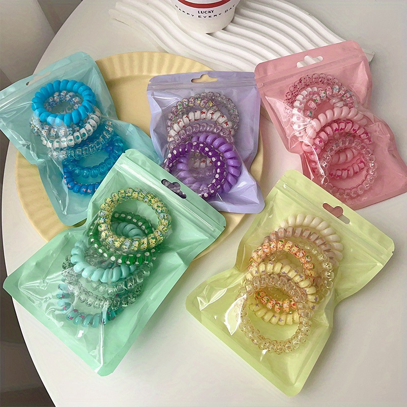 

6pcs Sweet & Simple Spiral Hair Ties - No-crease Coil Headbands For Women, Candy-colored Ponytail Holders With Beads & Rhinestones, Plastic Hair Accessories