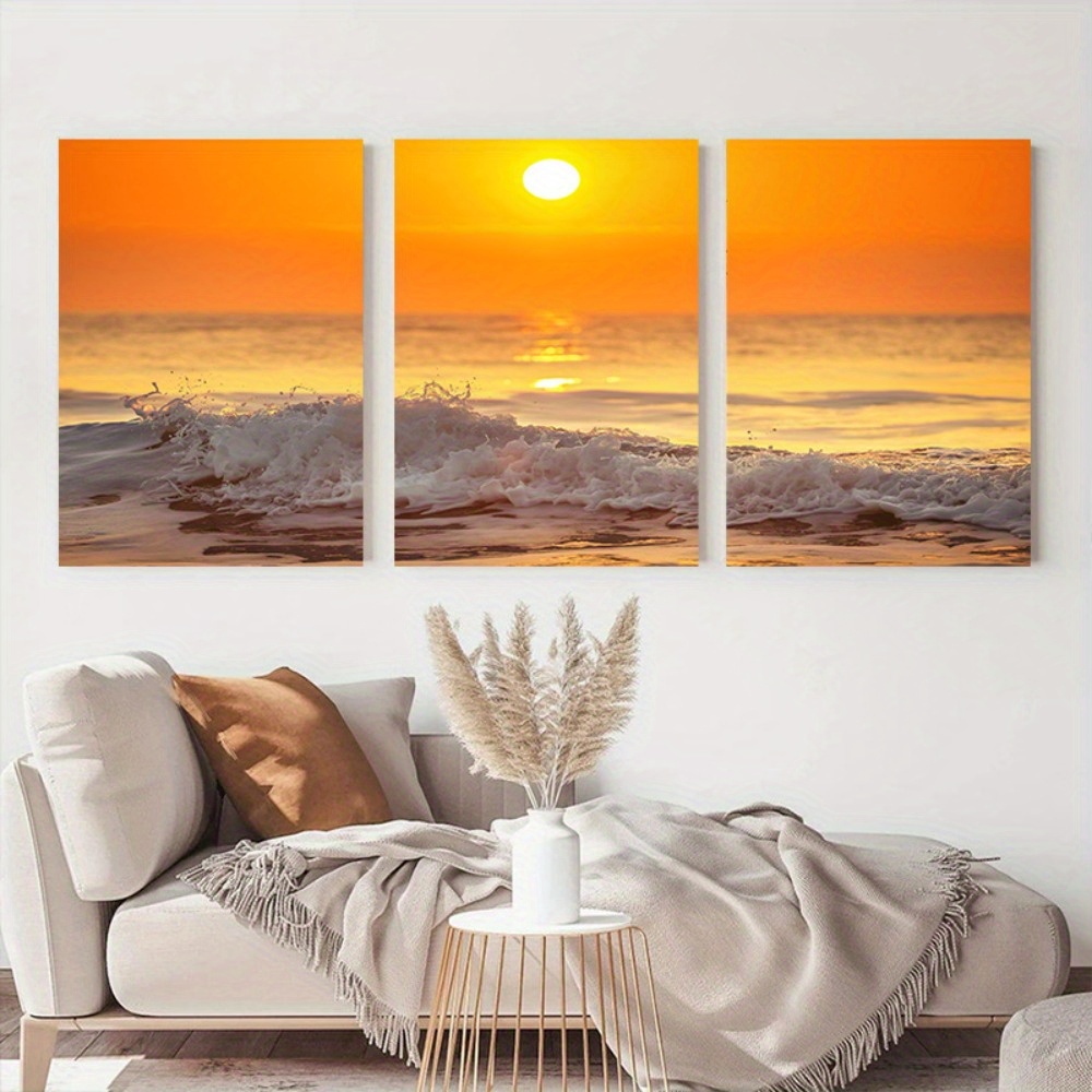 

Framed 3 Piece Sunset Landscape Canvas Painting Orange Seaside Dusk Poster Yellow Sunset Sunshine Wall Art Nordic Modern Artwork For Bedroom Living Room Office Home Decor