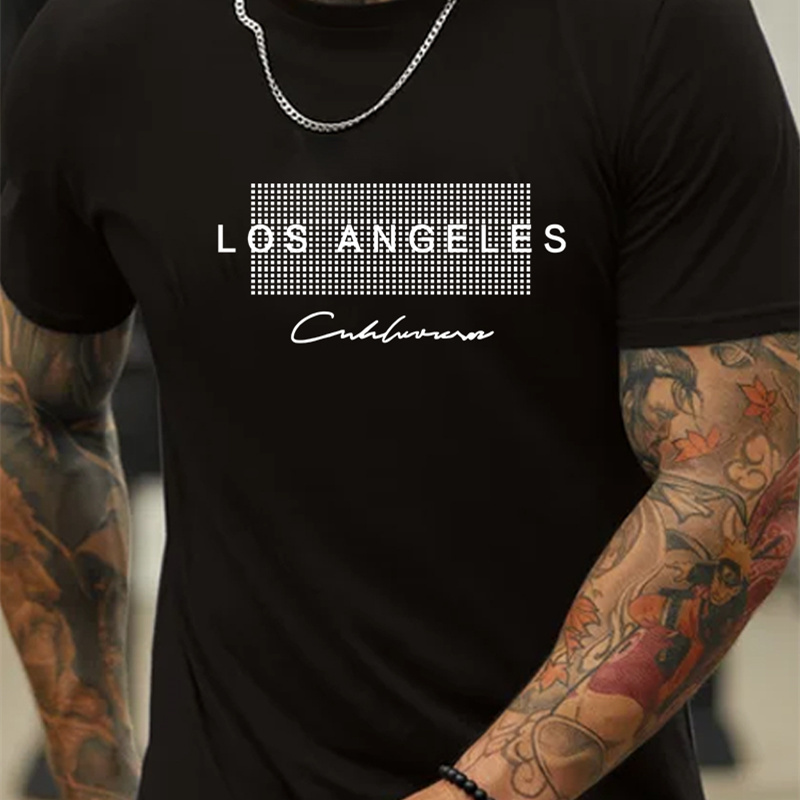 

Los Angeles Letter Graphic Print Men's Creative Top, Casual Short Sleeve Crew Neck T-shirt, Men's Clothing For Summer Outdoor