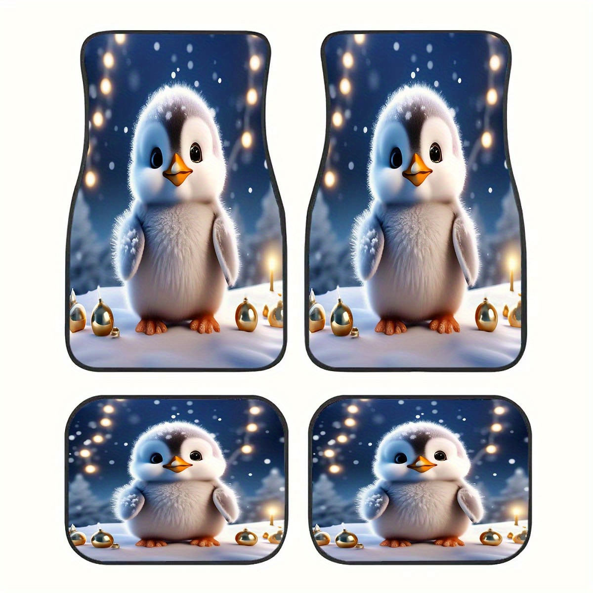 

Cute Little Penguin Decorative Car Floor Mats For Front And Rear Seats - Festive Winter Design, Durable Polyester Material