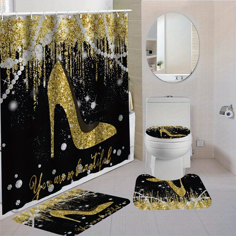 

Luxurious Gold And Black High Heel Shower Curtain Set With 12 Hooks: Includes Toilet Seat Cover, Bath Mats, And Rugs - Perfect For A Glamorous Bathroom