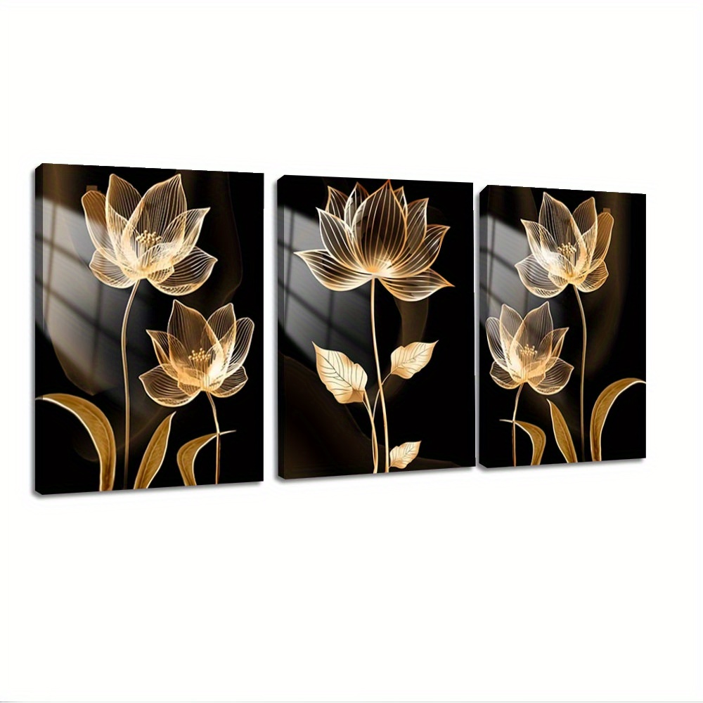 

3pcs Golden For Lotus Canvas Wall Art Set - Elegant With Translucent Petals, Decor For Living Room, Bedroom, Kitchen & Dining Area - Stretched, & Ready To Hang, Room Decor Aesthetic