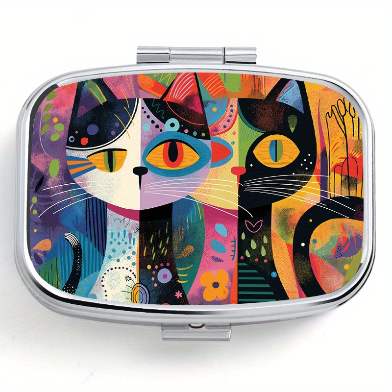 

Abstract Cat Pattern 2-grid Pill Organizer Box, Mini Portable Metal Pill Case For Travel, Outdoor Sports, Pocket Or Purse Bag, Multifunctional Jewelry Earrings Storage Container.