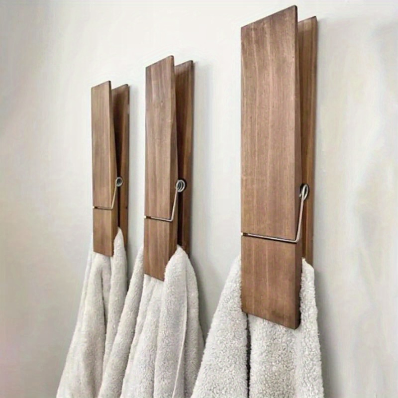 

Rustic Wooden Towel Clip - Wall-mounted, Large Clothespin For Bathroom & Outdoor Use, Pine & Stainless Steel, Decorative Storage Solution