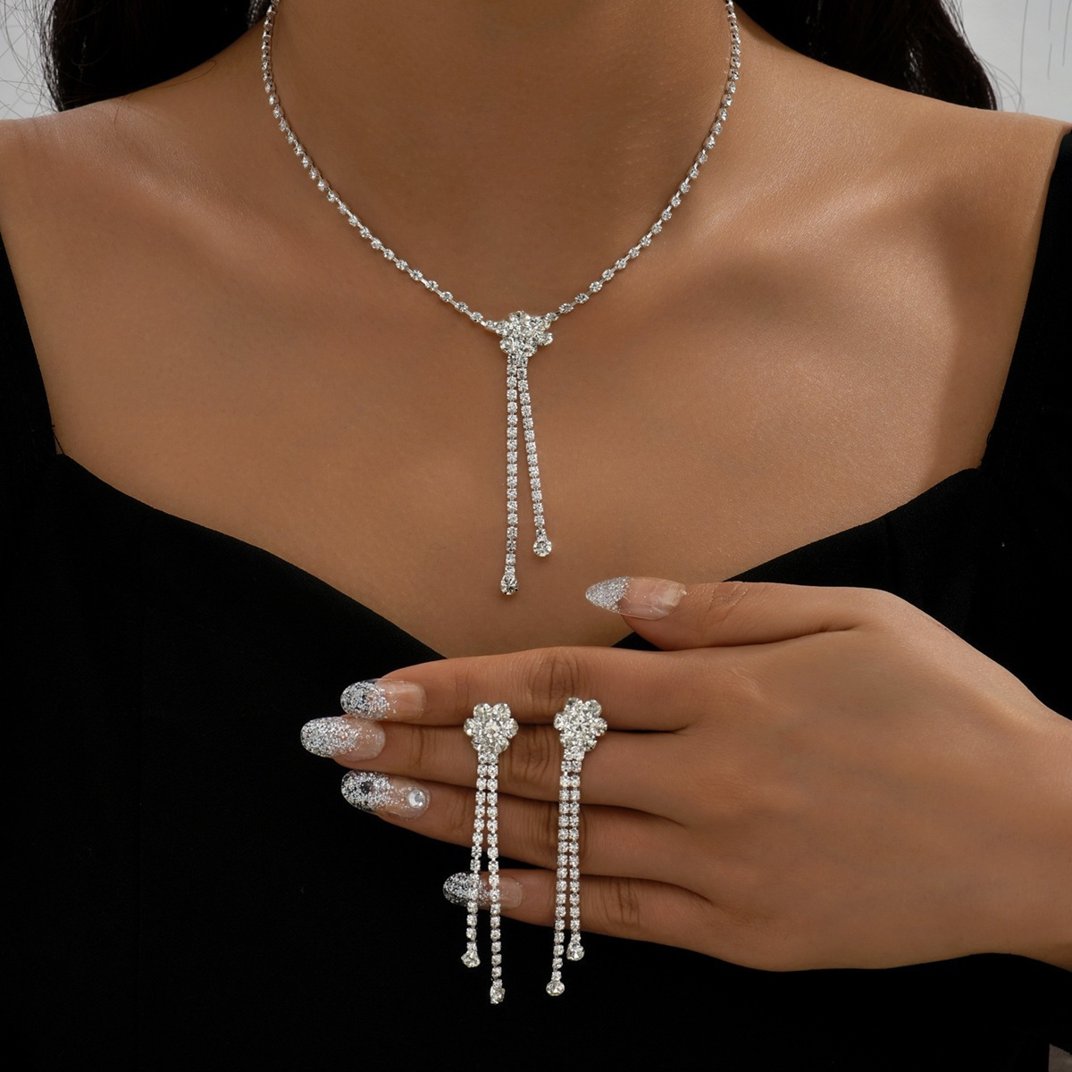 

Elegant Rhinestone Tassel Necklace And Earrings Set, 3pcs Bridal Wedding Party Jewelry, Middle Eastern Style Accessories