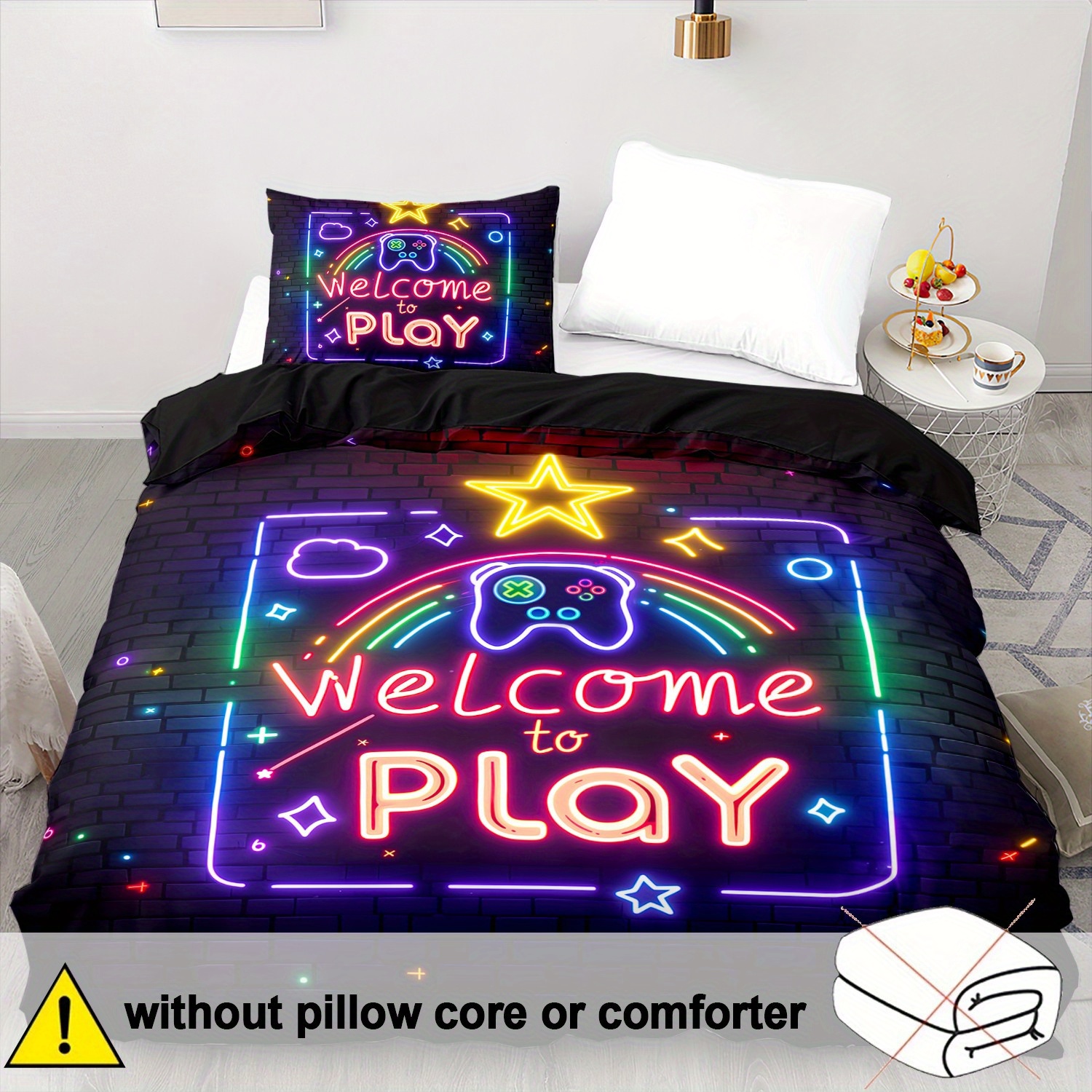 TEMU Ensemble de literie de jeu néon : au jeu - Taille de lit simple (1 housse de couette, 1 taie d'oreiller, 90x90 pouces/229x229 cm) - 2 taies