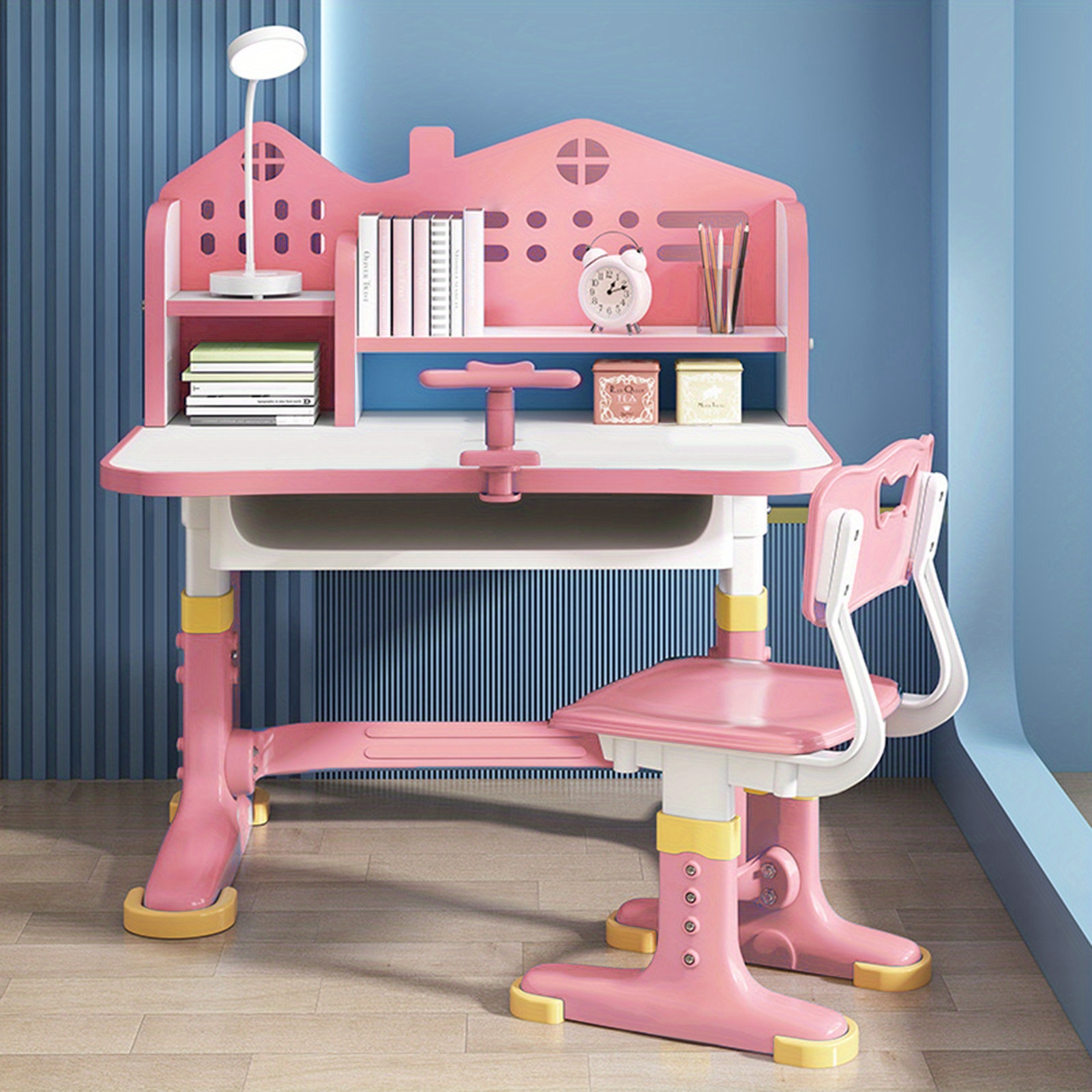 

1pc Kids Study Desk And Chair Set, Adjustable Height, Wide Workstation With Castle Bookshelf And Drawer Storage, Pink Plastic Material For School Students