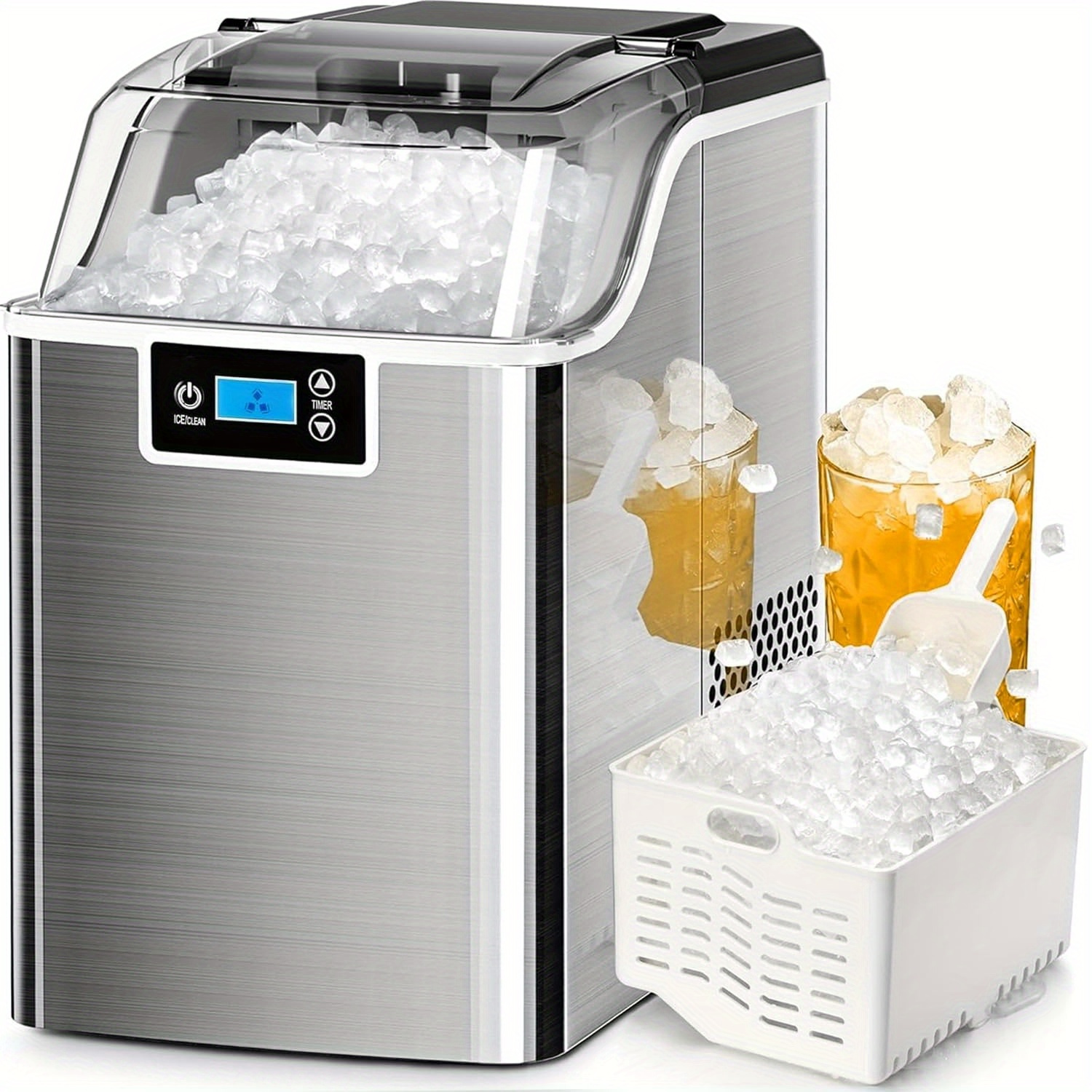 

Ice Maker Countertop, 45lbs/day Pebble Ice Maker Machine With 24h Timer, Self-cleaning Crushed Countertop Ice Maker Silver