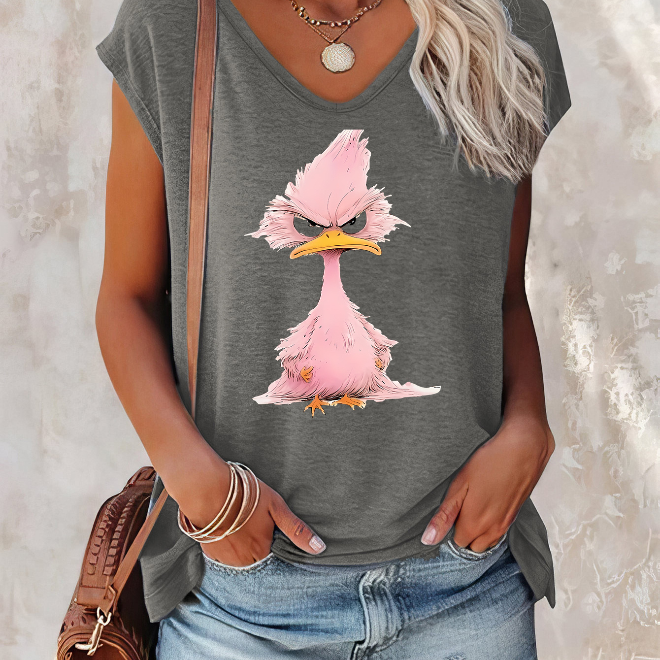 

Flat Mouth Duck Print Cap Sleeve Tank Top, Casual V-neck Top For Summer & Spring, Women's Clothing