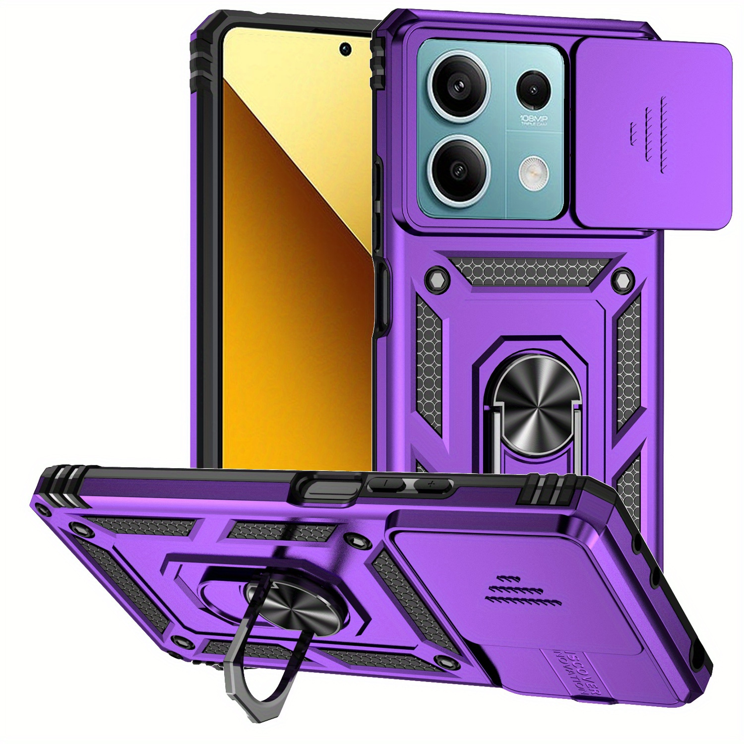 TEMU Shockproof Heavy Hard Phone Case With Metal Stand For Redmi Note 13/13 Pro 5g - Lens Protector Included