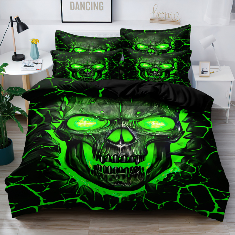 

3pcs Green Light Skeleton Pattern Down Quilt Cover Set - Soft And Comfortable Bedroom, And Dormitory Decoration Bedding Set -piece Set 1 Down Quilt Cover + 2 Pillowcases