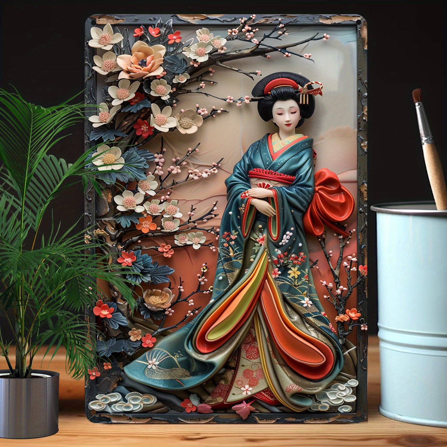 

1pc Japanese Kimono Artwork In 3d Relief Style, Autumn Winter Metal Wall Art, Aluminum, High Durability, Moisture Resistant, Home Garden Bathroom Decor, Father's Day Gift A1353