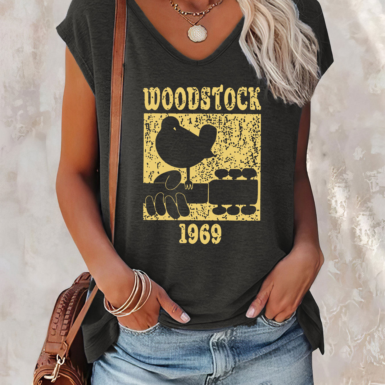 

à courtes Woodstock , décontracté à col en V l'été et le , vêtements femmes