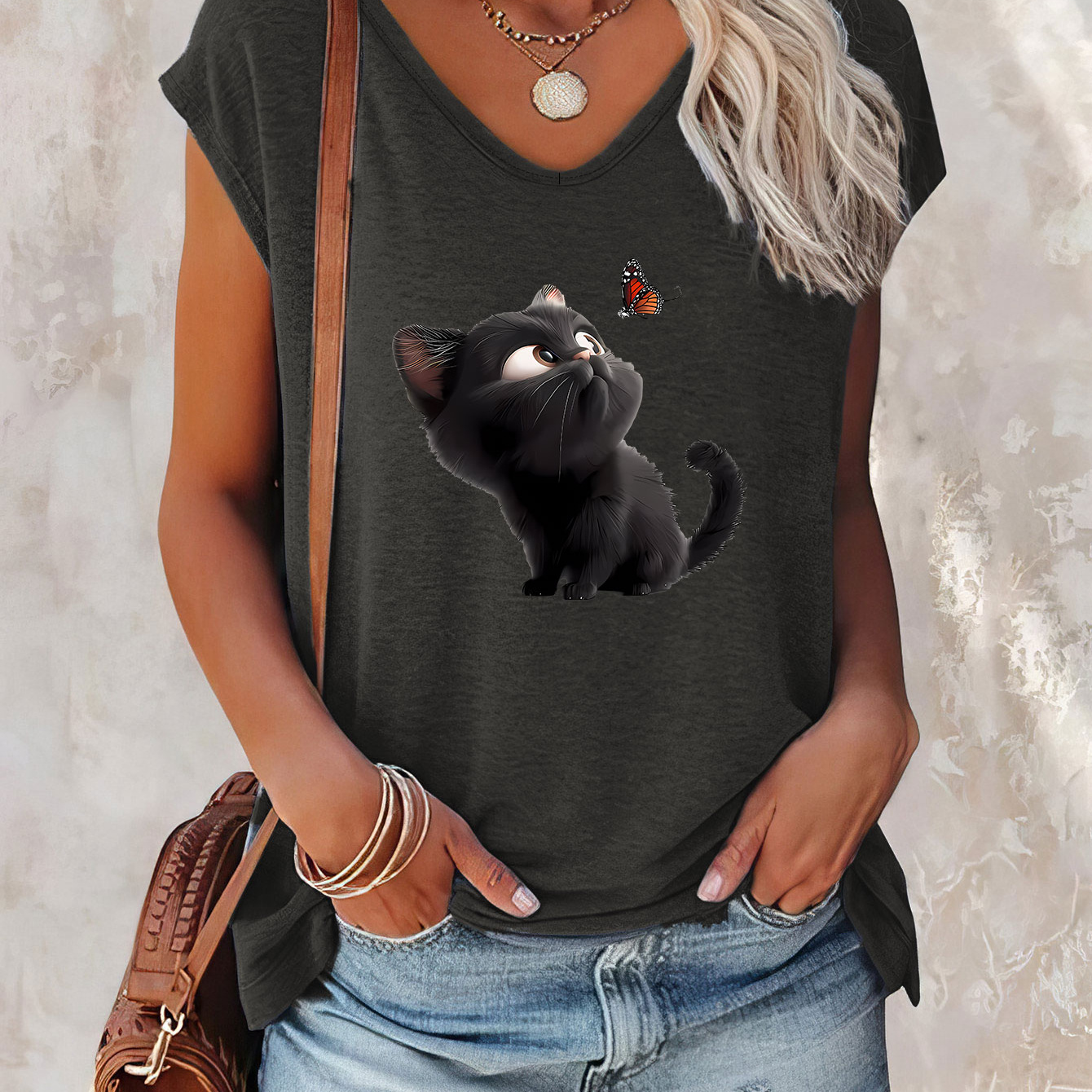 

Cat Print Cap Sleeve Top, Casual V-neck Top For Summer & Spring, Women's Clothing