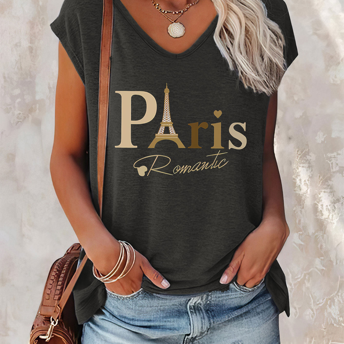 

Paris Print Cap Sleeve Tank Top, Casual V-neck Top For Summer & Spring, Women's Clothing