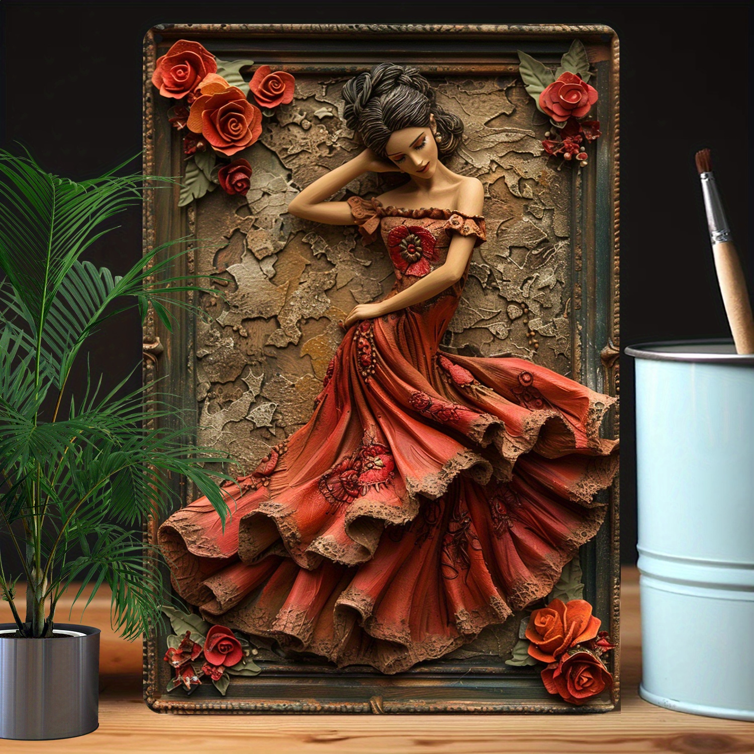 

1pc Aluminum Metal Wall Art With 2d Visual Effects, Spring Summer Flamenco Dancer Design, High Bend Resistance, Moisture Resistant Decorative Tin Sign For Home, Office, And Studio - A1340