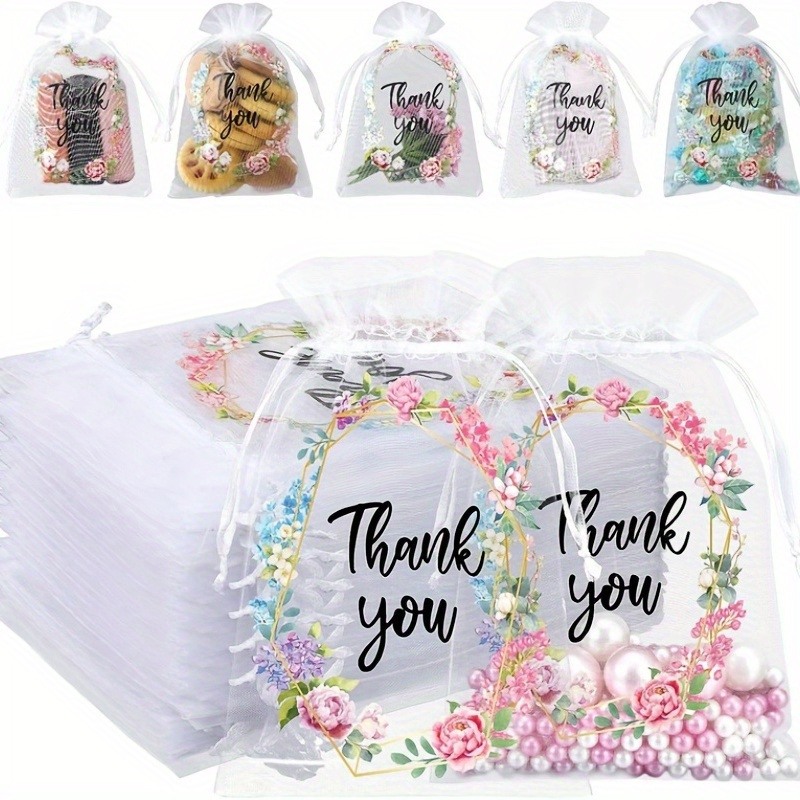

20-pack Floral Organza Thank You Gift Bags 4x6 Inch - Drawstring Mesh Favor Pouches For Jewelry, Candy, Wedding Party Supplies & Makeup Packaging